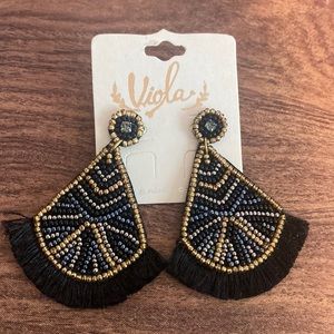 Trendy Black, Gold, Silver & Grey Metal Color Beaded With Fringe Earrings - NWT